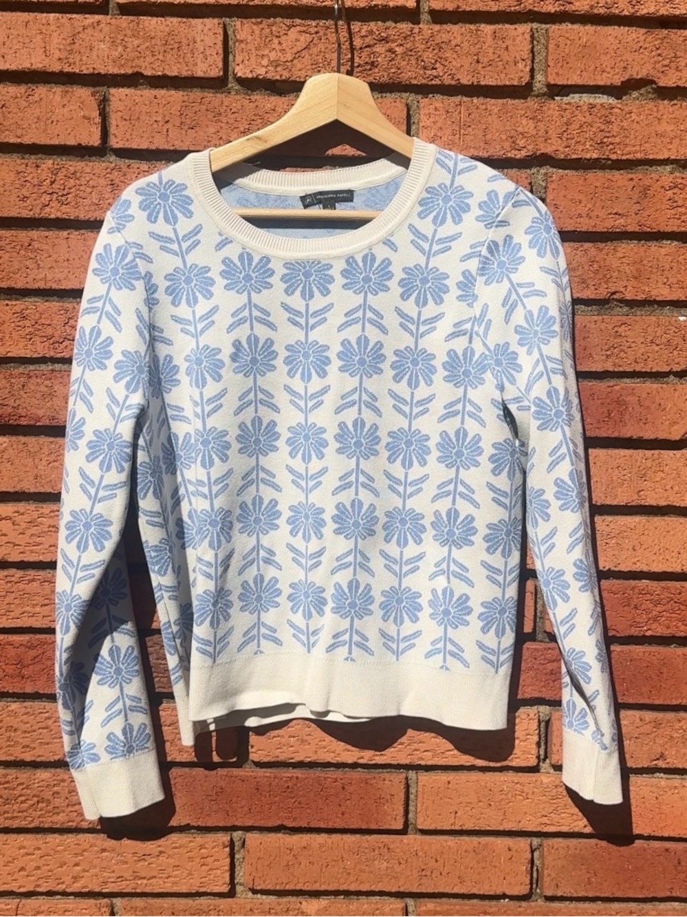 Adrianna Papell Blue Floral Knit Sweater Large
